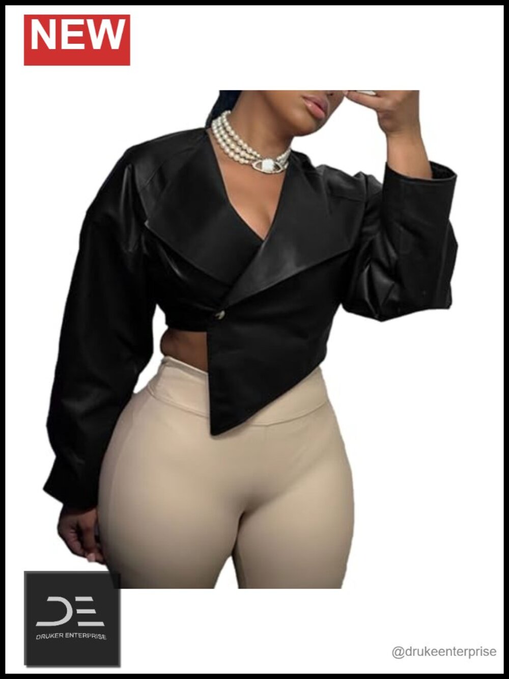 Molilove Faux Leather Crop Jacket Long Sleeve Button Down PU Coat